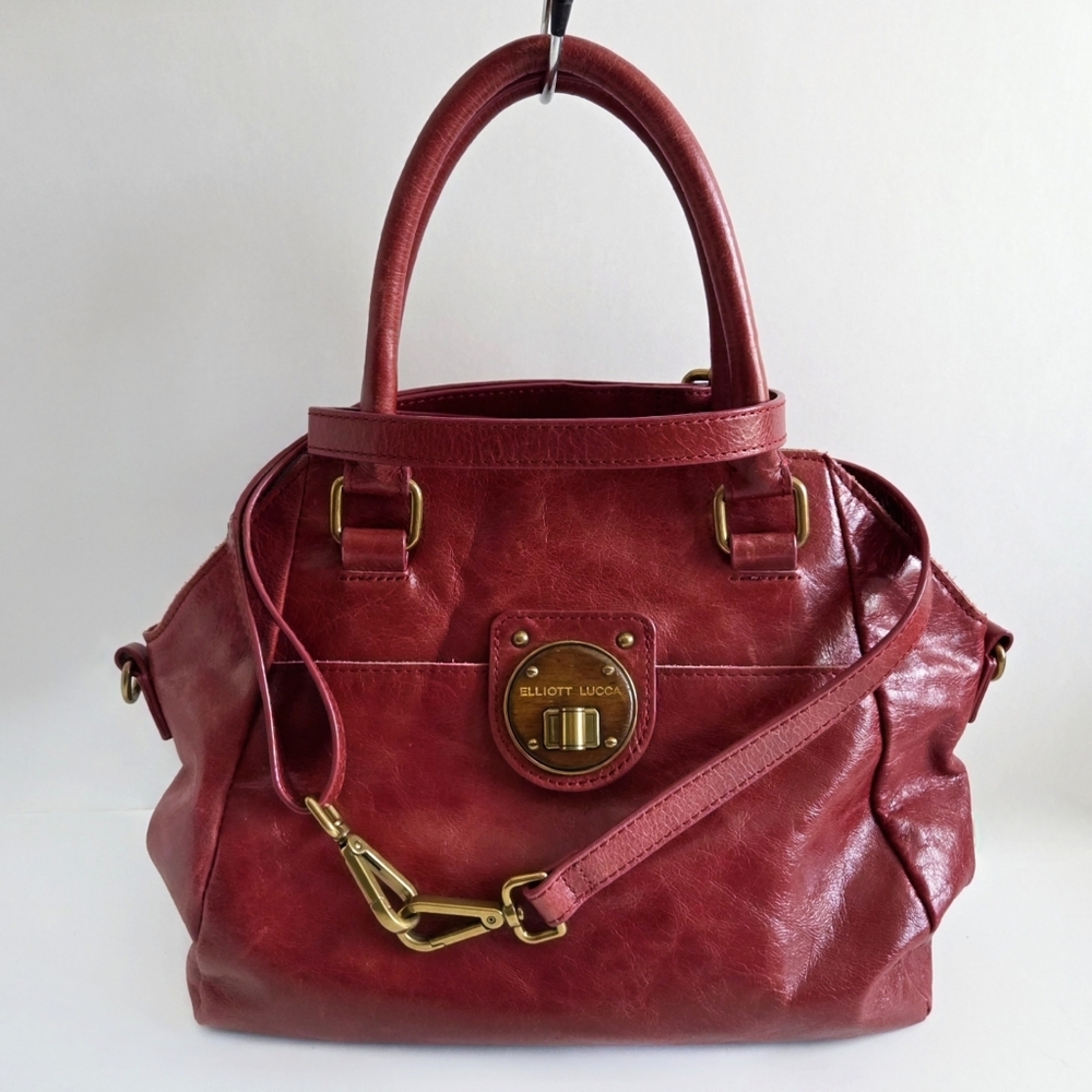 Elliott Lucca Red Leather Satchel, Double Handles W/ Removable Crossbody Strap